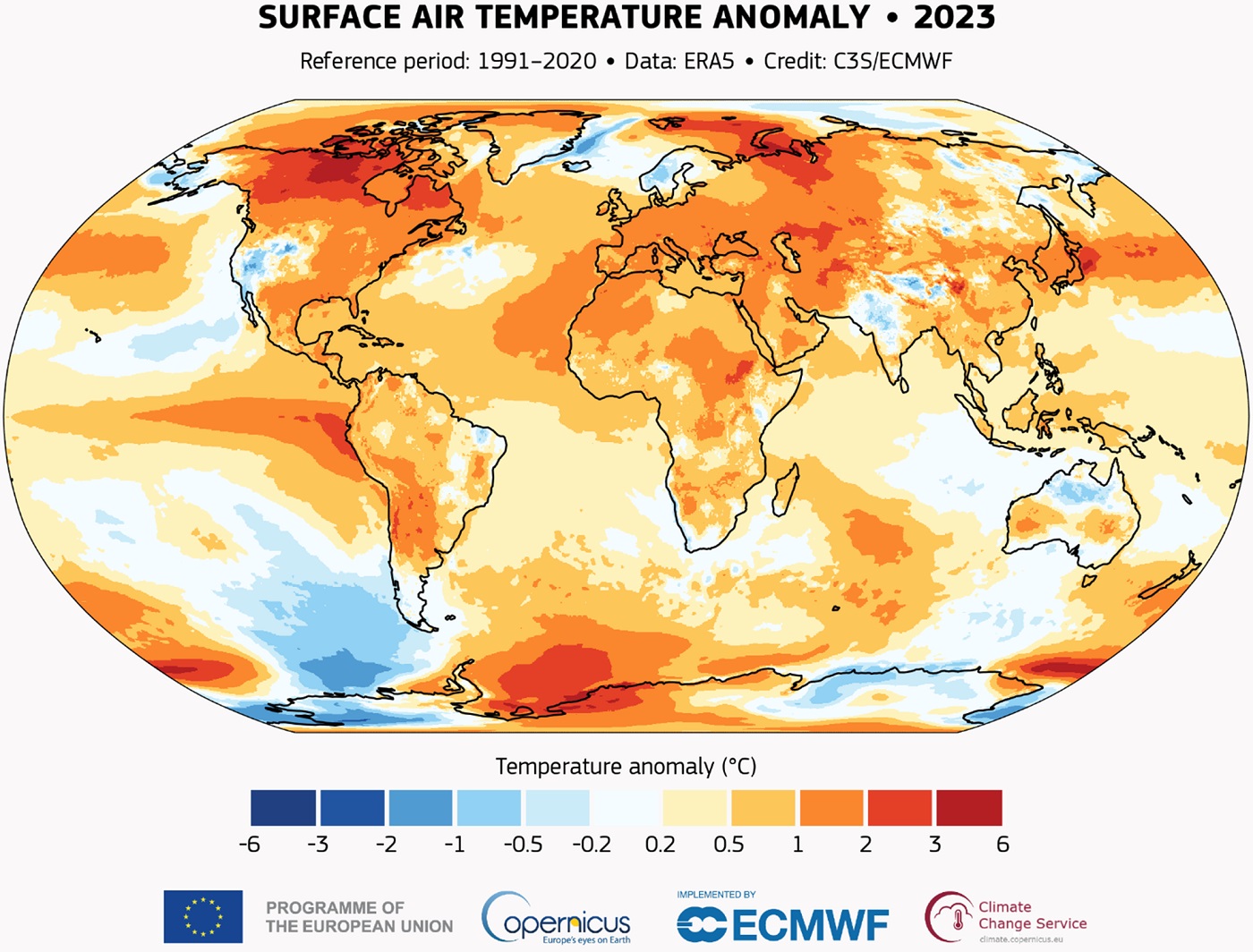Surface air temperature anomaly for 2023 Surface air temperature anomaly for 2023
