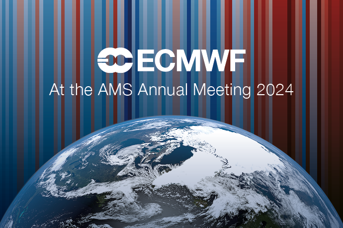 Satellite image of globe against background of climate warming stripes. Text: ECMWF at the AMS Annual Meeting 2024