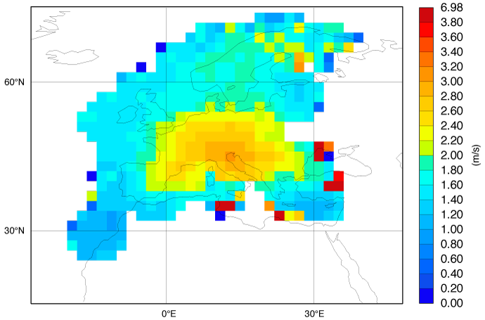 Deviations of wind speed analysis from observations 2-31 August 2022 Deviations of wind speed analysis from observations 2-31 August 2022