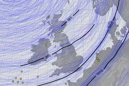 Still from reconstruction of Ulysses storm over the UK in February 1903; credit: Philip Brohan Still from reconstruction of Ulysses storm over the UK in February 1903; credit: Philip Brohan