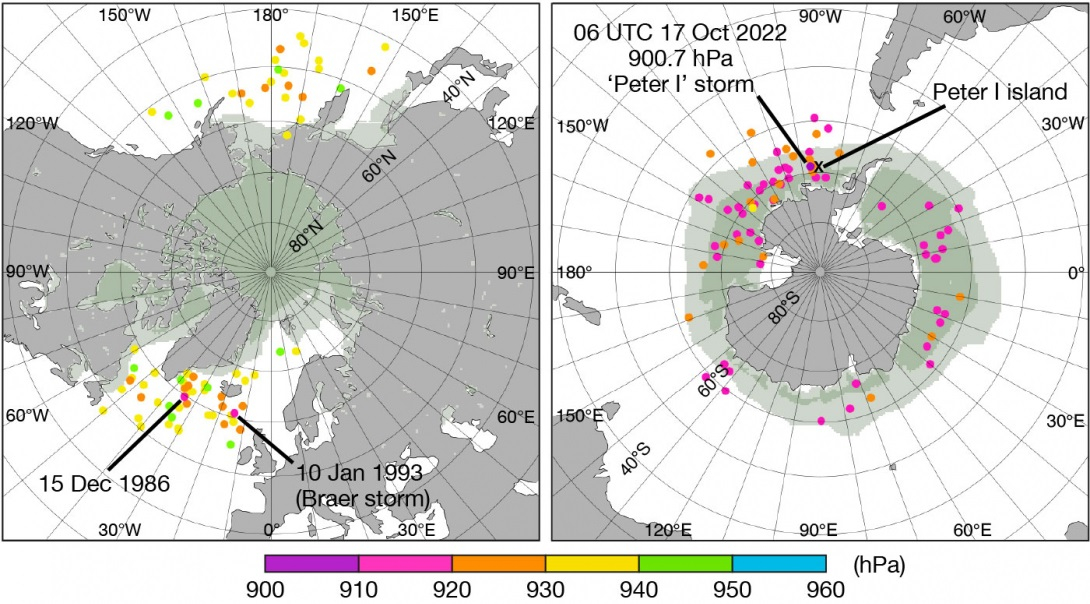 Locations of annual mean sea level pressure minima. Locations of annual mean sea level pressure minima.