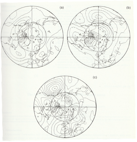 Figure 2 500 hPa geopotential height anomalies (dam) for 3-17 October 1985, predicted by the first dynamical monthly forecast contributed in real-time to the Met Office forecasts (from Murphy and Palmer, 1986). (a) and (b) show four- and three-member clusters from the forecast ensemble, with verifying observations in (c). Figure 2 500 hPa geopotential height anomalies (dam) for 3-17 October 1985, predicted by the first dynamical monthly forecast contributed in real-time to the Met Office forecasts (from Murphy and Palmer, 1986). (a) and (b) show four- and three-member clusters from the forecast ensemble, with verifying observations in (c).