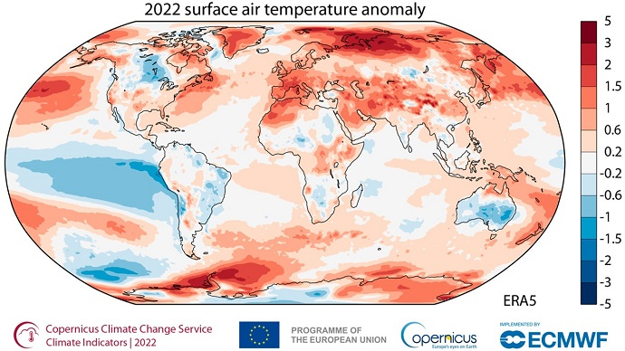 Average surface air temperature anomaly for 2022 Average surface air temperature anomaly for 2022