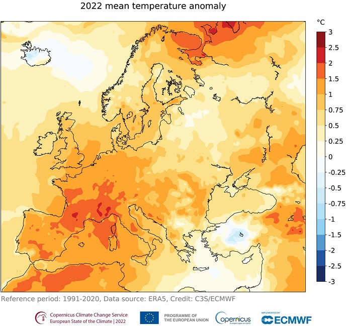 Surface air temperature anomaly in Europe in 2022 Surface air temperature anomaly in Europe in 2022