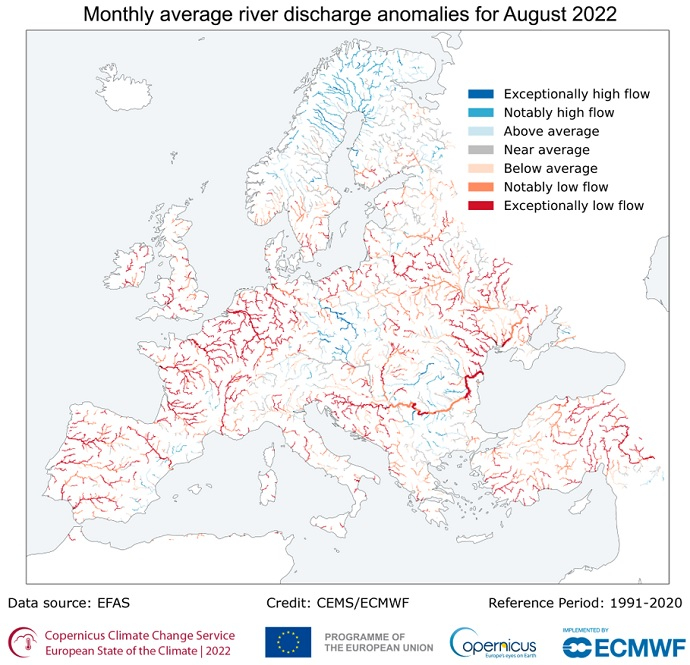 Average river discharge anomalies for August 2022 Average river discharge anomalies for August 2022